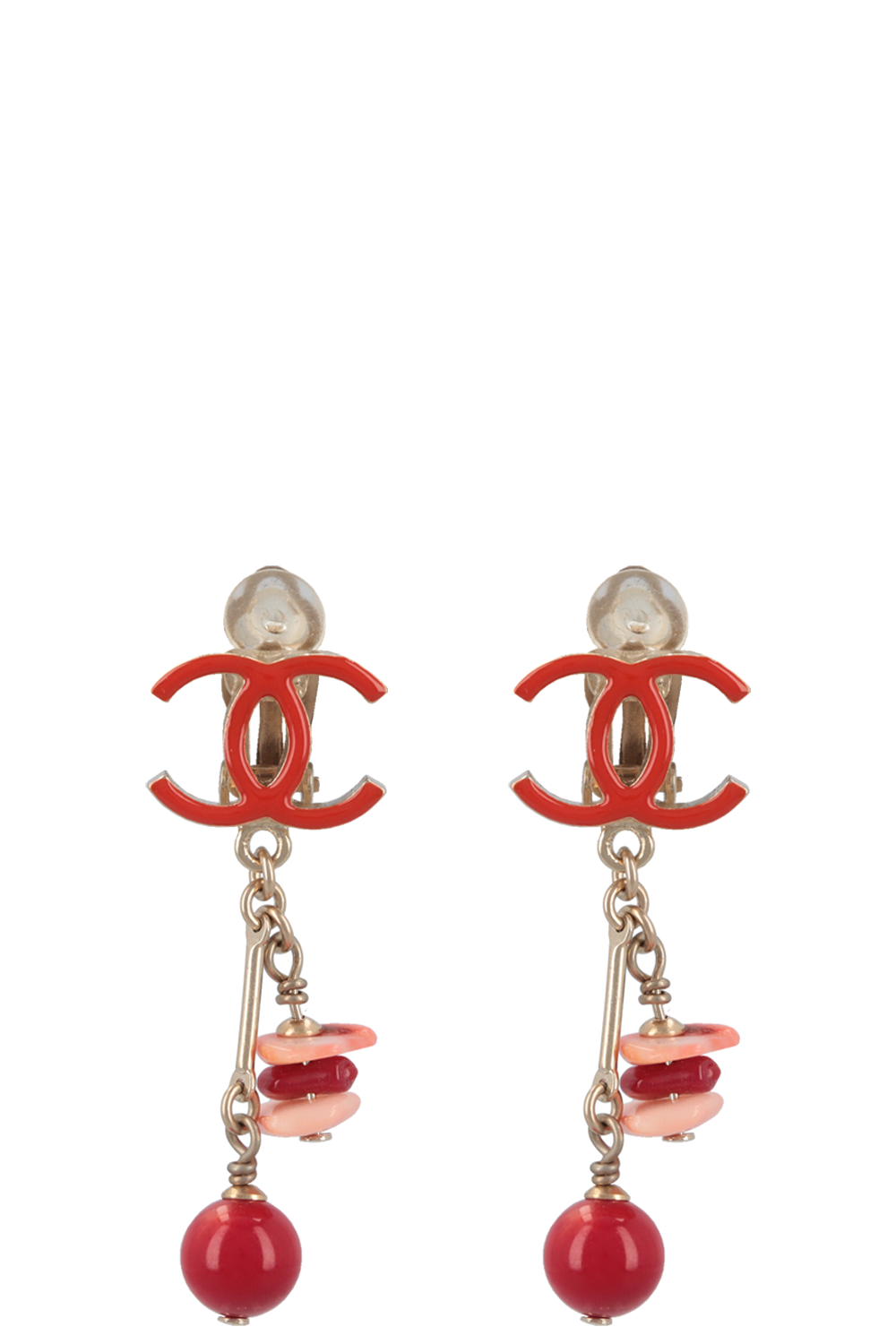 CHANEL 2011 Drop CC Beaded Ear Clips Enamel Red