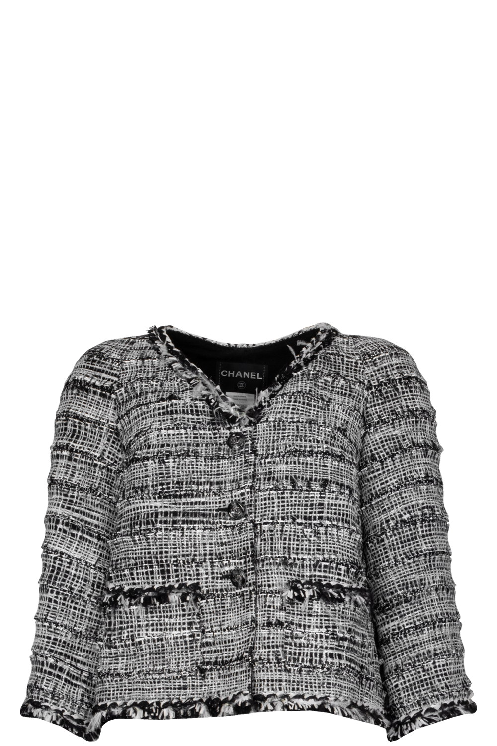 CHANEL 2011 Feather Trim Boucle Jacket Black White