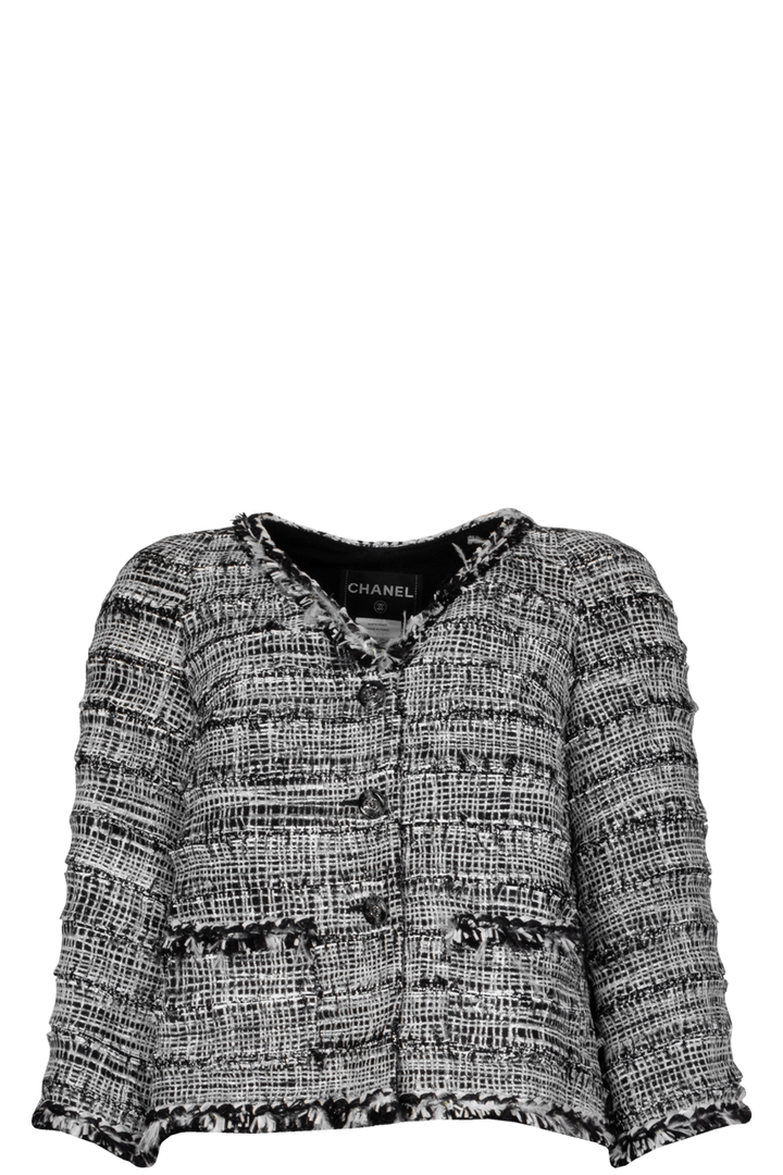 CHANEL 2011 Feather Trim Boucle Jacket Black White