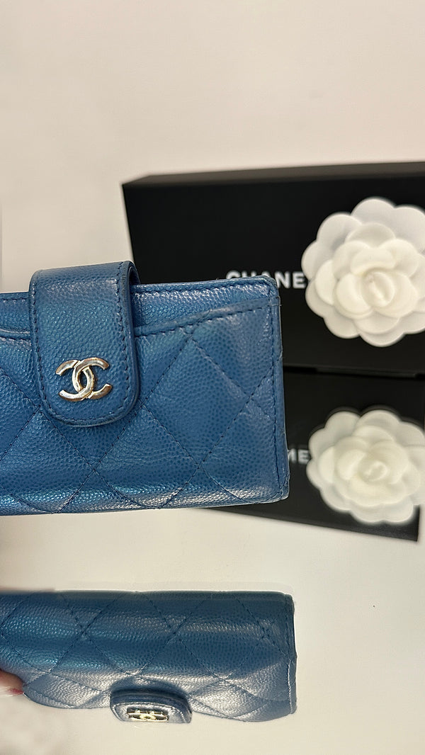 CHANEL CC Caviar Leather Compact Wallet Blue