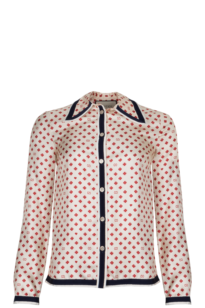 GUCCI Shamrock Print Silk Shirt Ivory Red