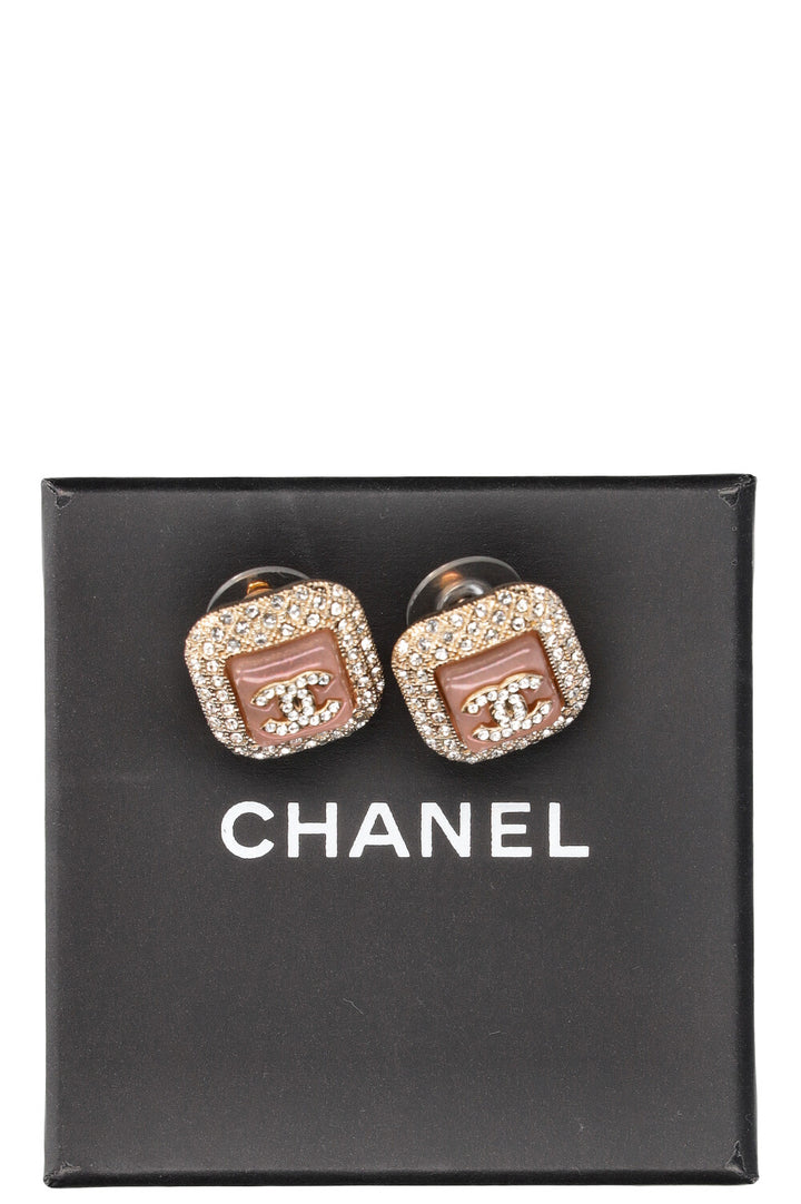 CHANEL Square Resin CC Crystal Earrings Pink