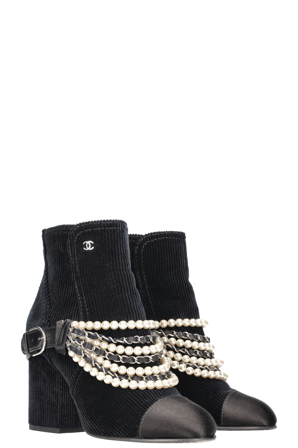 CHANEL Boots with Pearl Chain Cord & Satin Navy