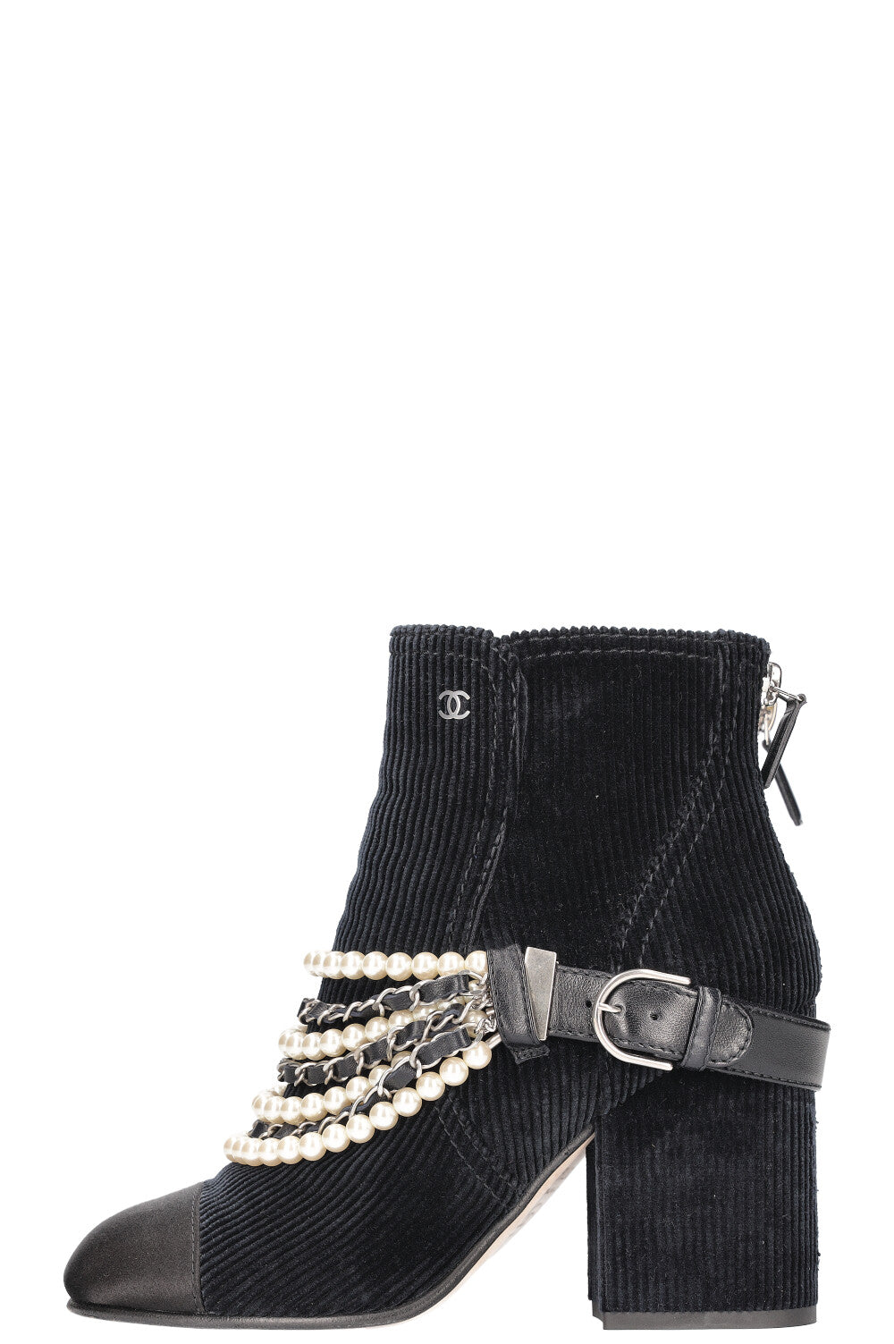 CHANEL Boots with Pearl Chain Cord & Satin Navy