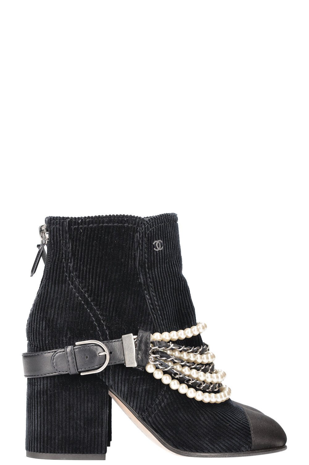 CHANEL Boots with Pearl Chain Cord & Satin Navy
