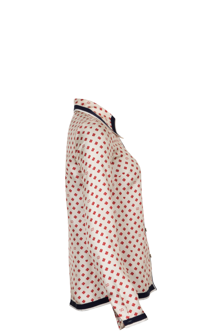GUCCI Shamrock Print Silk Shirt Ivory Red
