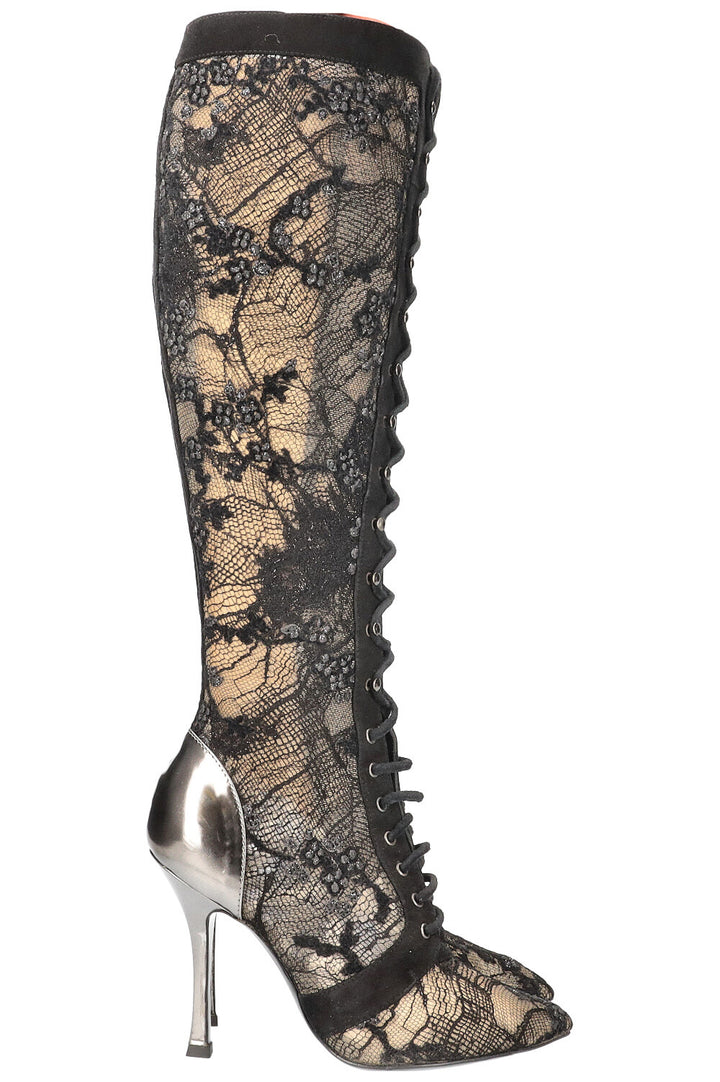 SERGIO ROSSI Lace & Crystal Boots Black