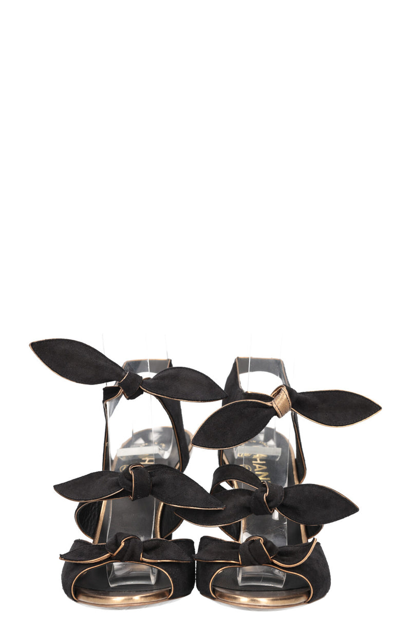 CHANEL Bow Heels Suede Gold Black
