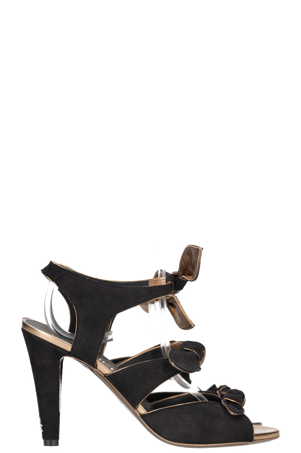 CHANEL Bow Heels Suede Gold Black
