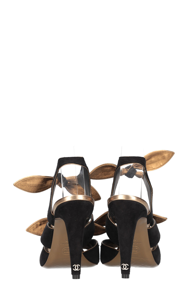 CHANEL Bow Heels Suede Gold Black
