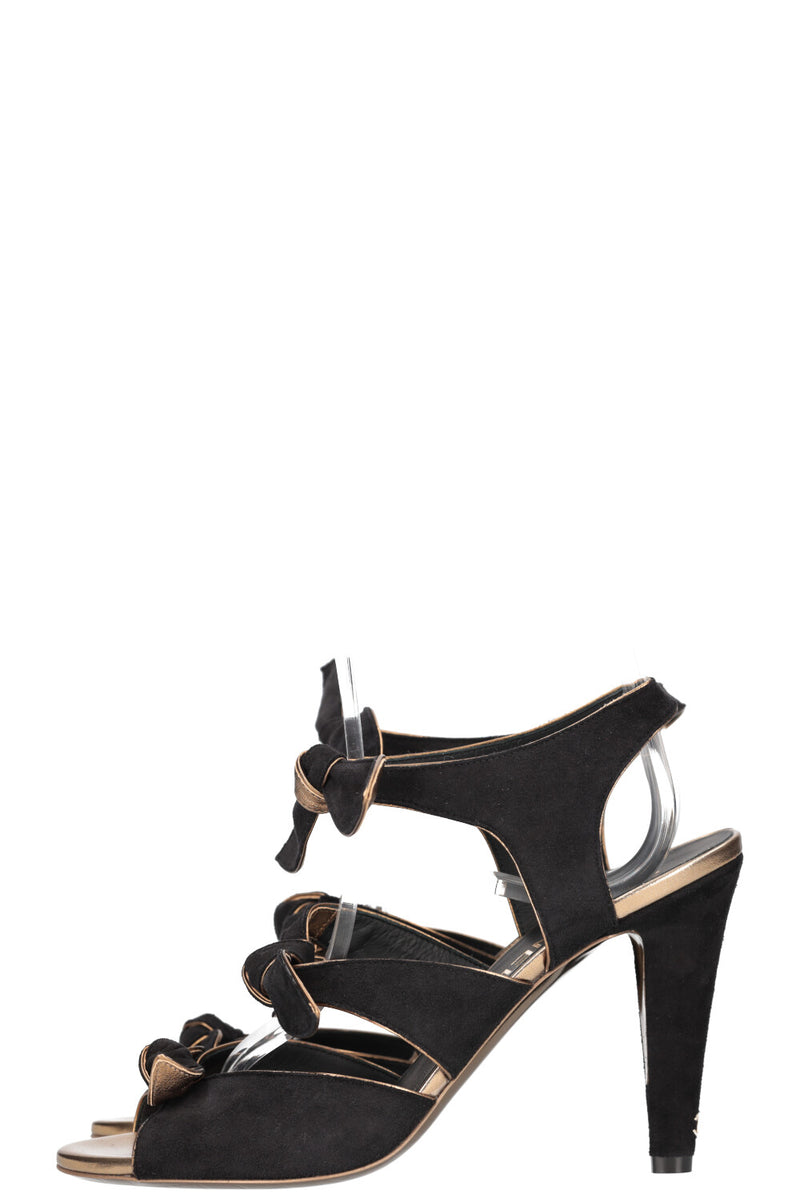 CHANEL Bow Heels Suede Gold Black