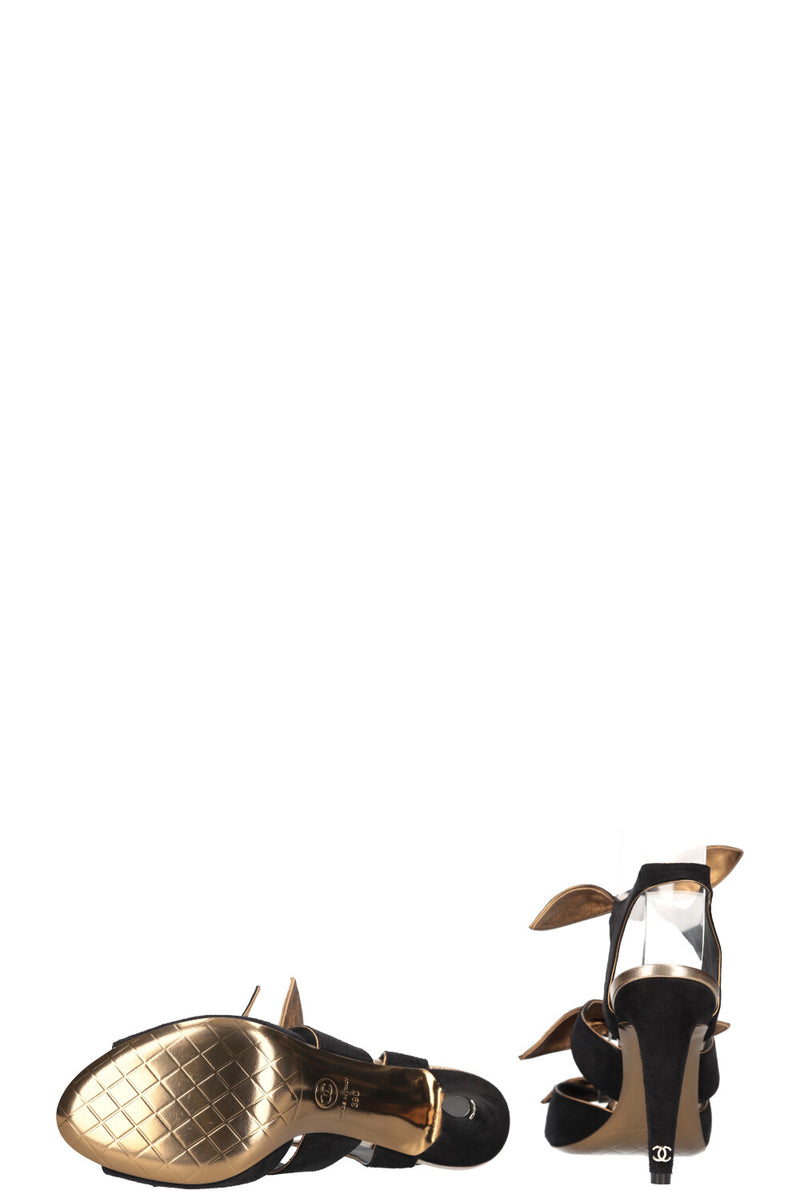 CHANEL Bow Heels Suede Gold Black