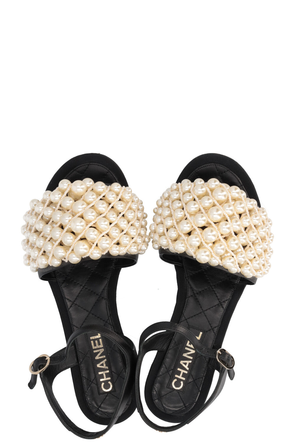 CHANEL Open Toe Pearl Sandal Flats Black