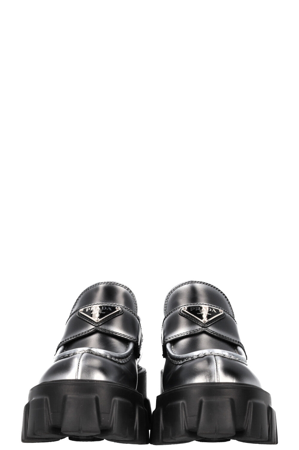 PRADA Monolith Loafers Black and Silver