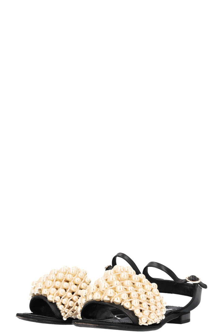 CHANEL Open Toe Pearl Sandal Flats Black