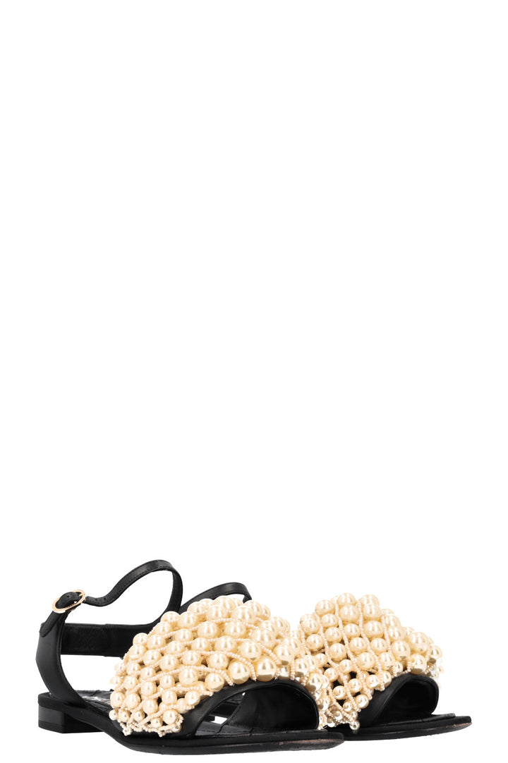 CHANEL Open Toe Pearl Sandal Flats Black