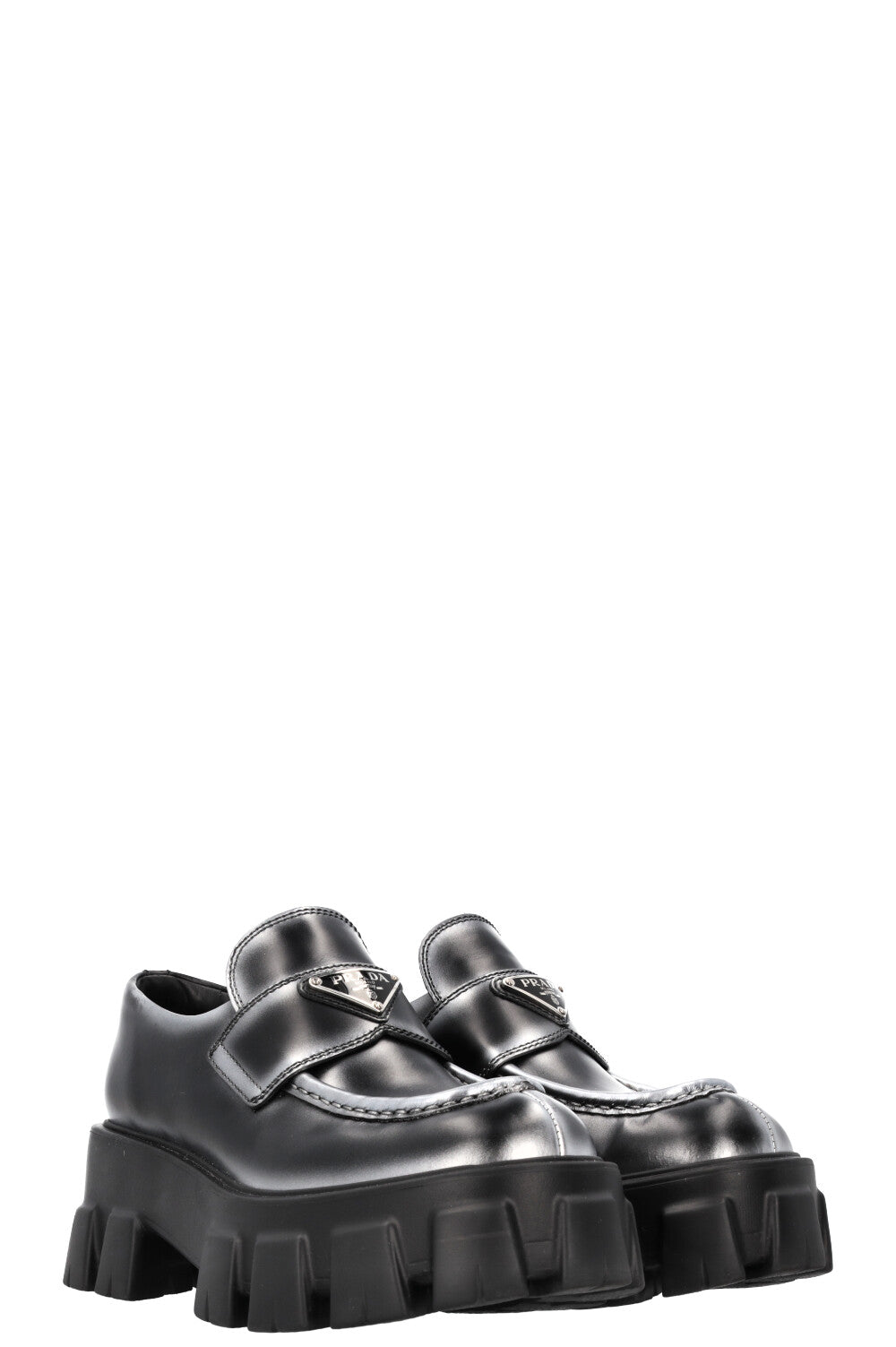 PRADA Monolith Loafers Black and Silver