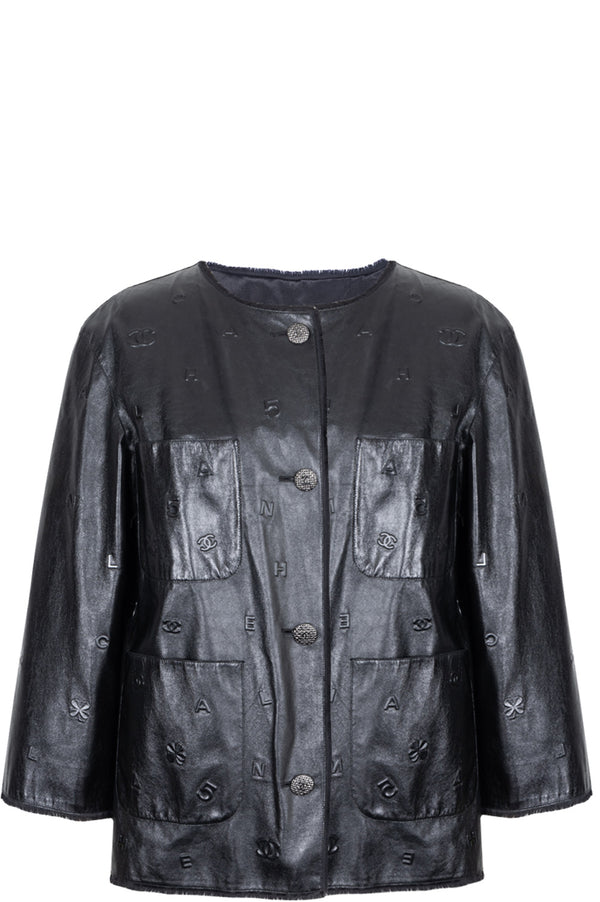 CHANEL Veste en cuir à logo Noir