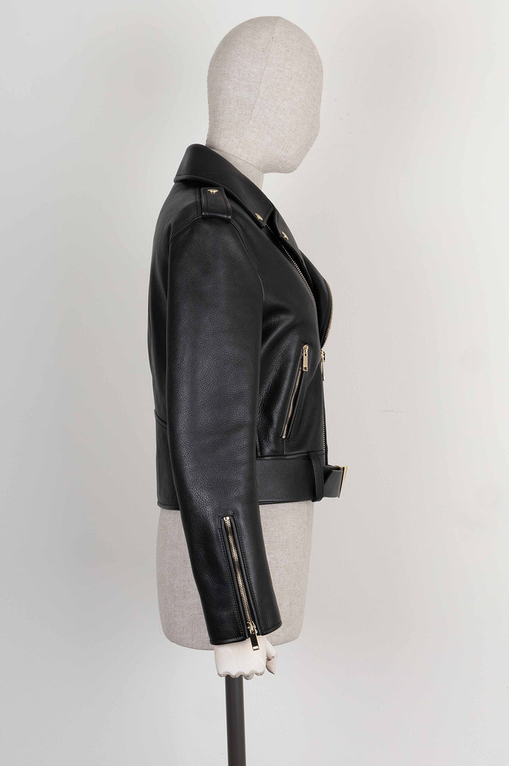 VALENTINO V Logo Biker Leather Jacket Black