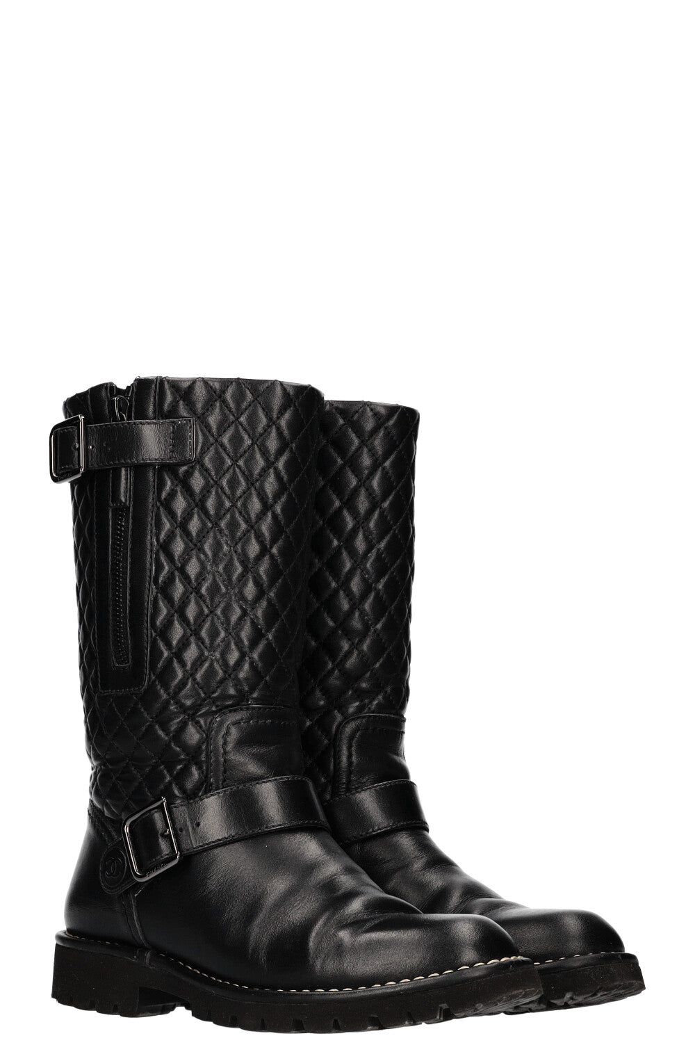 CHANEL Quilted Motorcycle Boots Black Leather