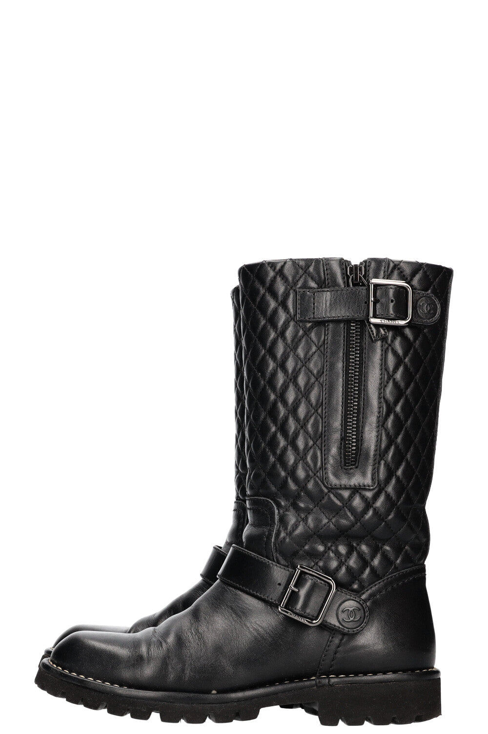 CHANEL Quilted Motorcycle Boots Black Leather