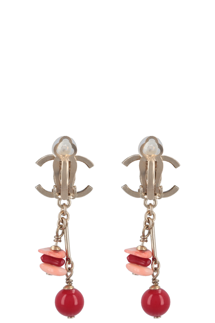 CHANEL 2011 Drop CC Beaded Ear Clips Enamel Red