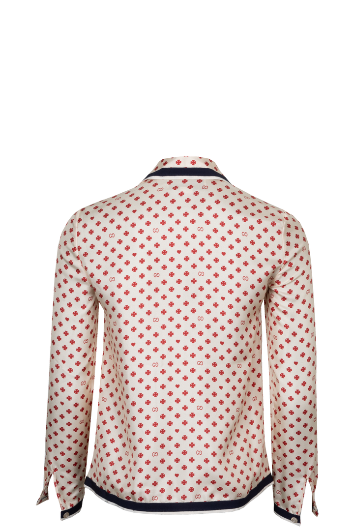 GUCCI Shamrock Print Silk Shirt Ivory Red