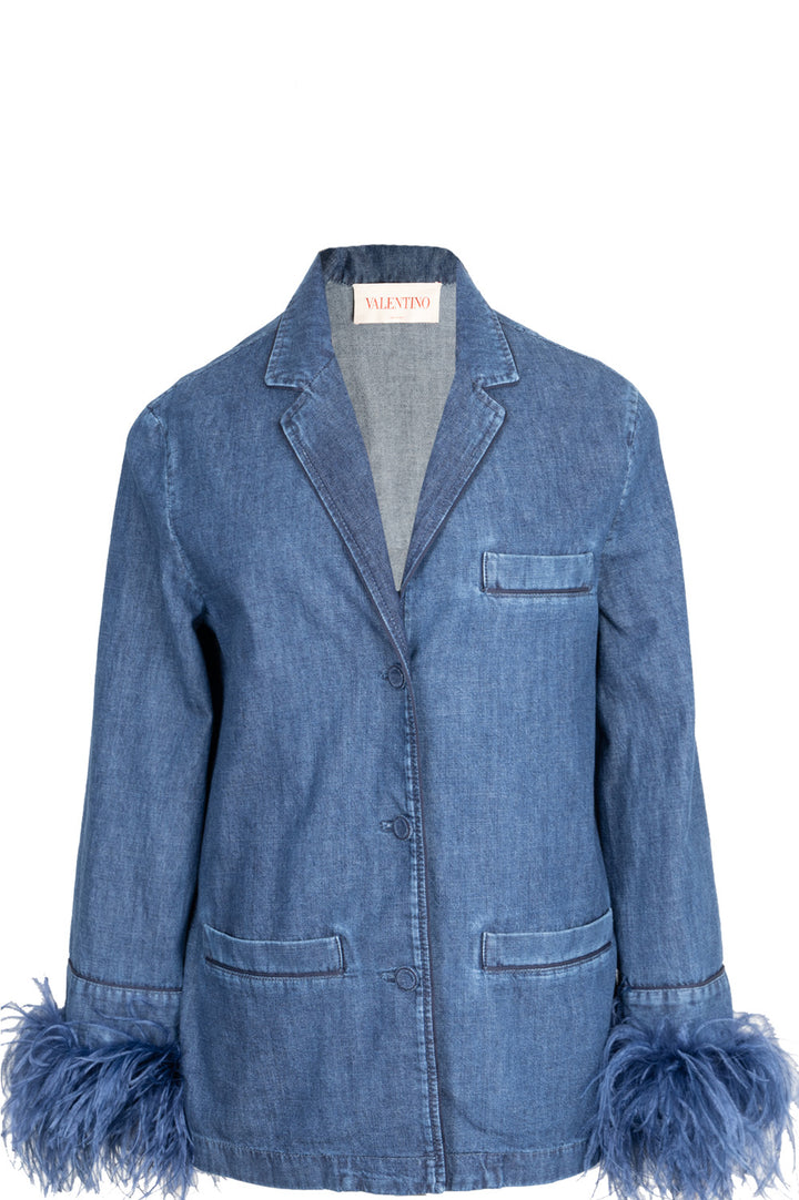 VALENTINO Chambray Feather Denim Shirt Blue