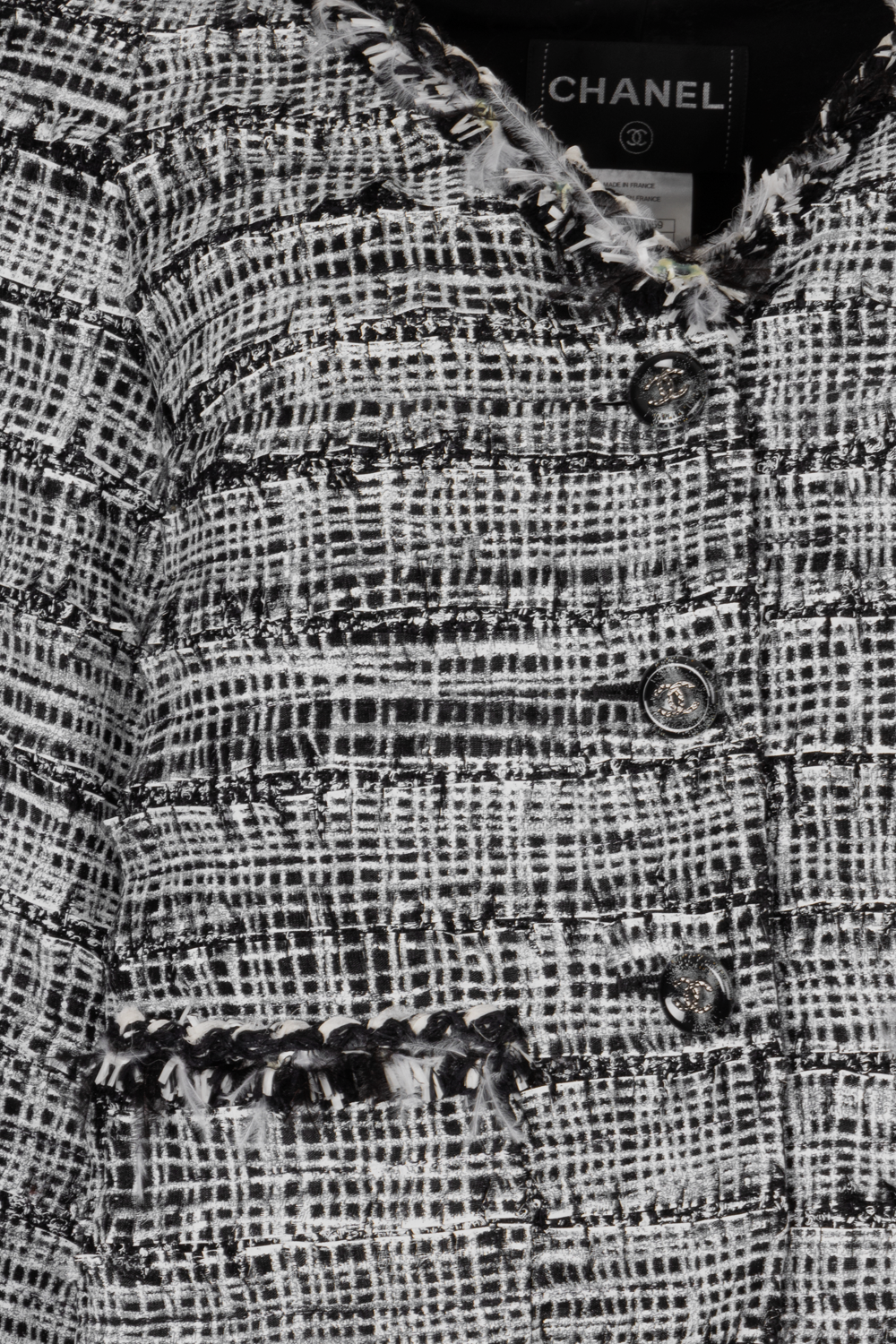 CHANEL 2011 Feather Trim Boucle Jacket Black White