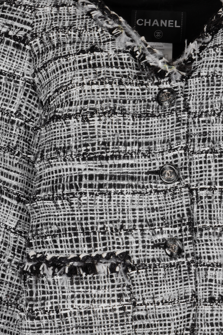 CHANEL 2011 Feather Trim Boucle Jacket Black White