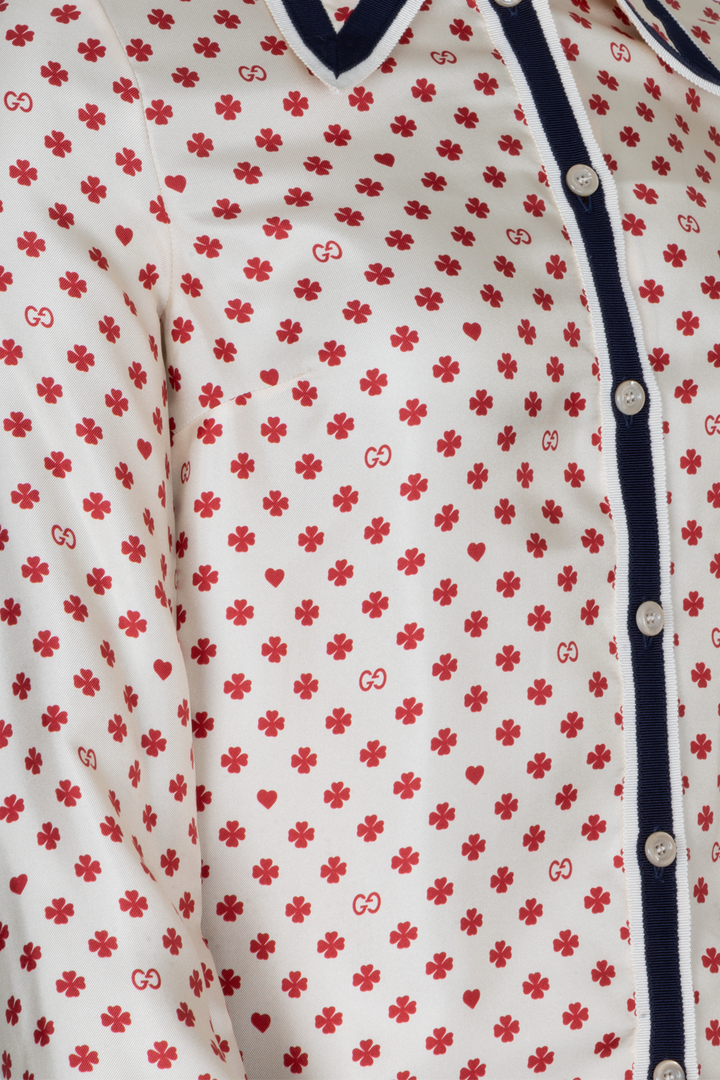 GUCCI Shamrock Print Silk Shirt Ivory Red