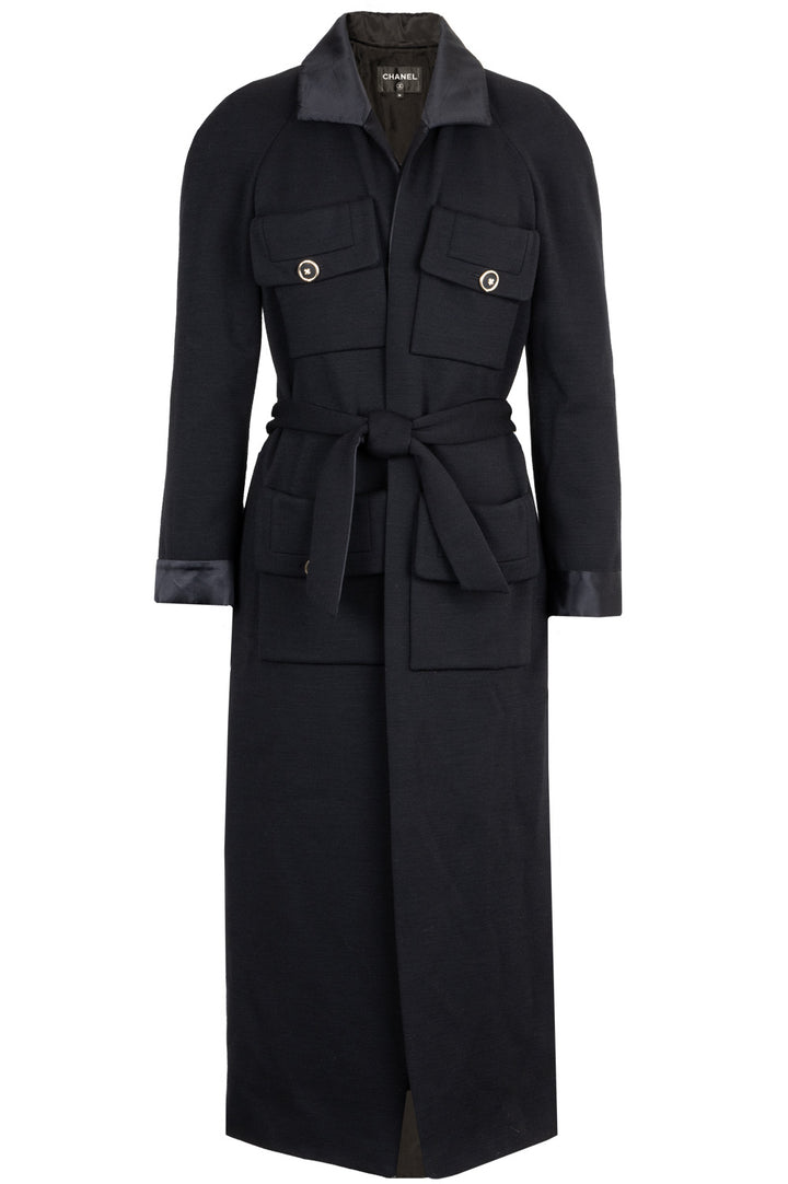 CHANEL Belted Coat Wool Black