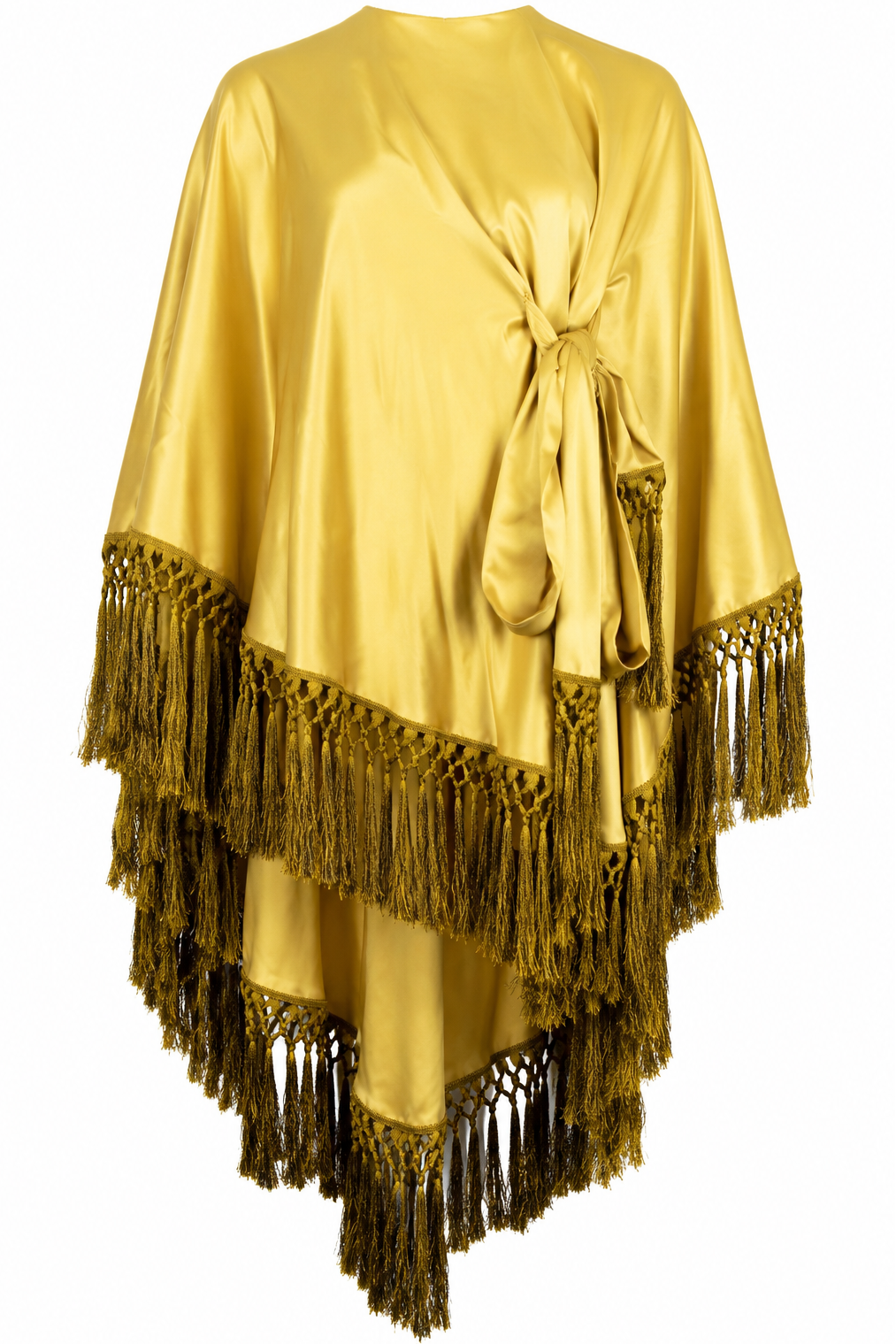 VALENTINO Belted Fringed Cape Dress Silk Yellow