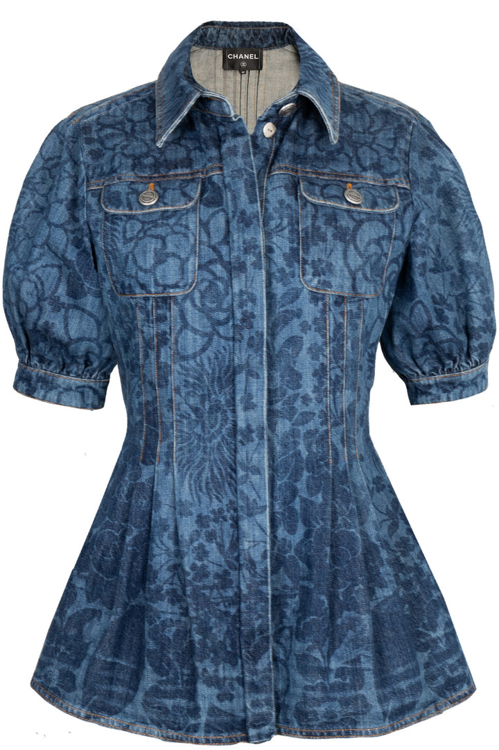 CHANEL Denim Short Sleeve Camellia Print Top Blue