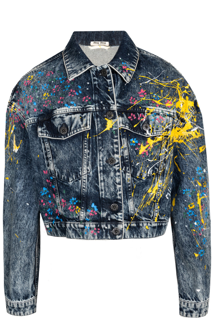 MIU MIU Floral Painted Cropped Denim Jacket Blue