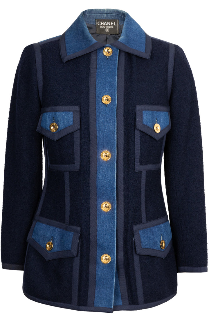 CHANEL Tweed Denim Detail Jacket Blue