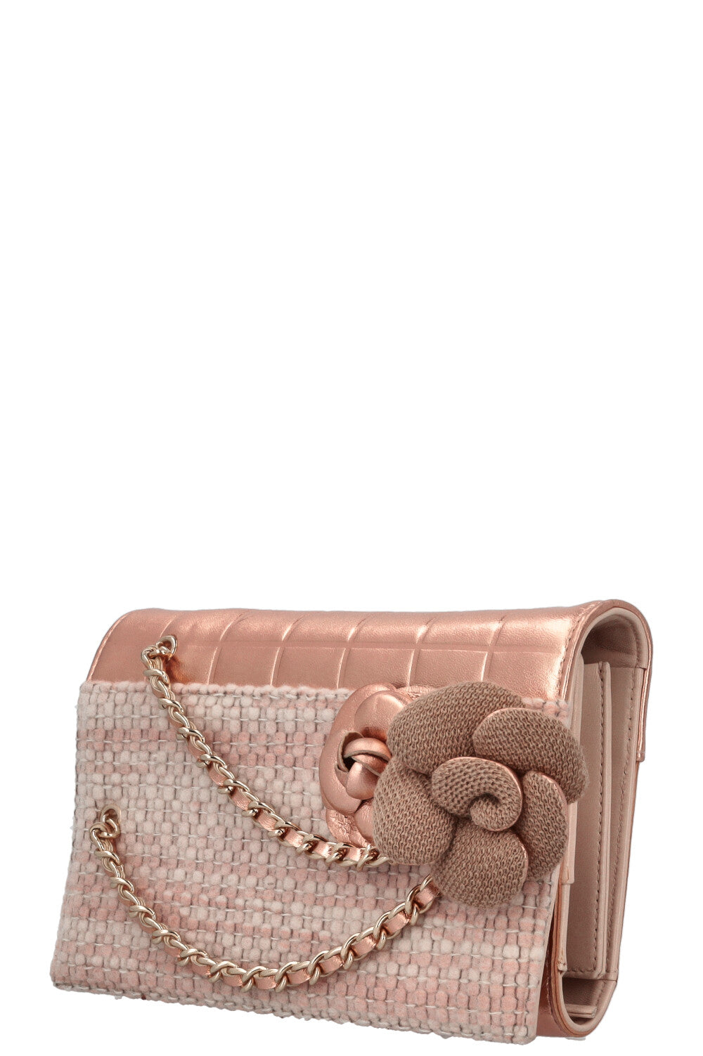 CHANEL Tweed Clutch Camelia Bronze