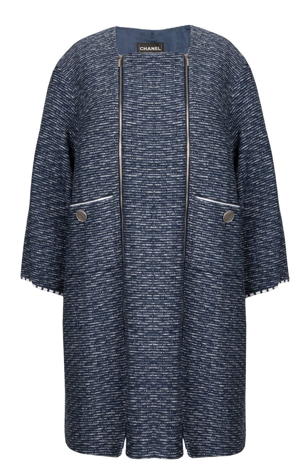 CHANEL Coat Tweed Double Zip Blue