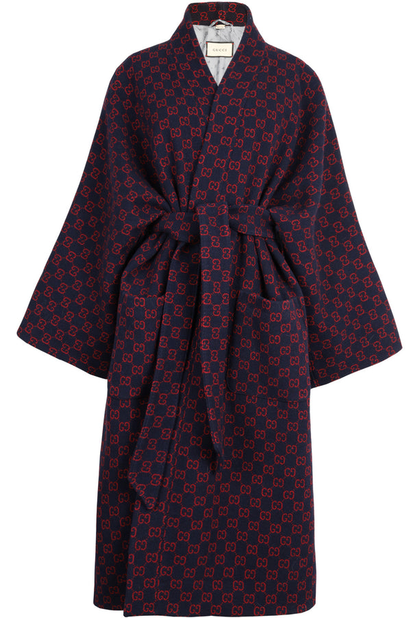 GUCCI Peignoir Manteau Laine GG Logo Bleu Rouge