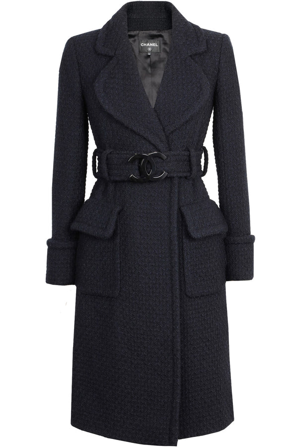 CHANEL Manteau en tweed avec ceinture en résine CC Noir
