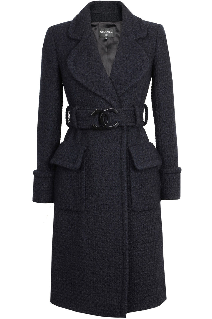 CHANEL Tweed Coat with CC Resin Belt Black