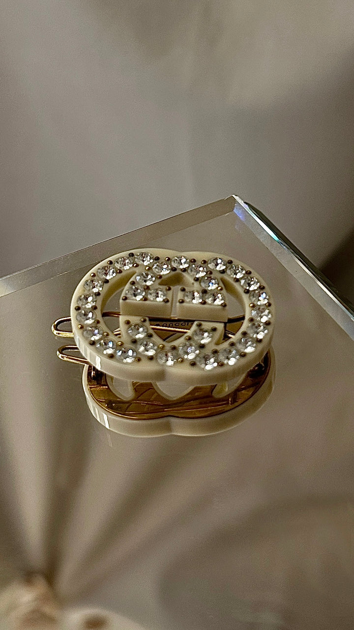 GUCCI Resin GG Crystal Hair Clips Ivory