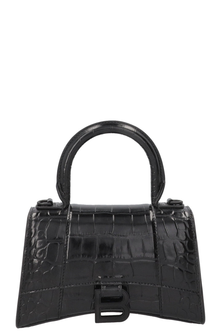 BALENCIAGA Hourglass Handbag XS Croc Embossed Leather Black