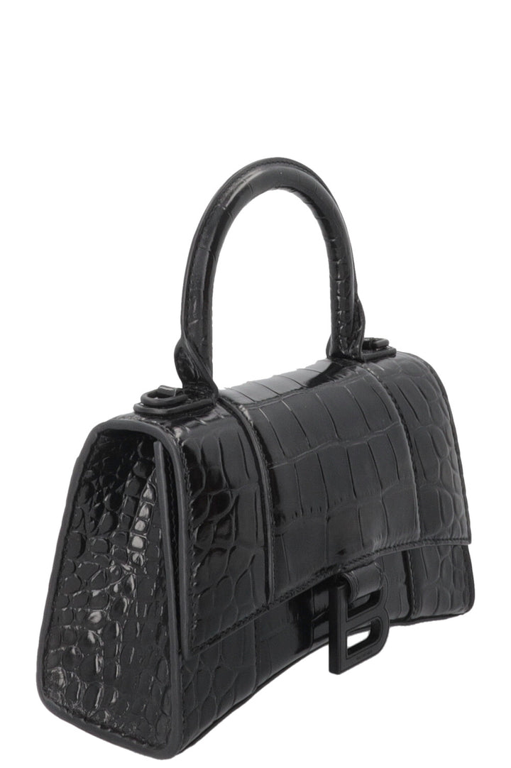 BALENCIAGA Hourglass Handbag XS Croc Embossed Leather Black