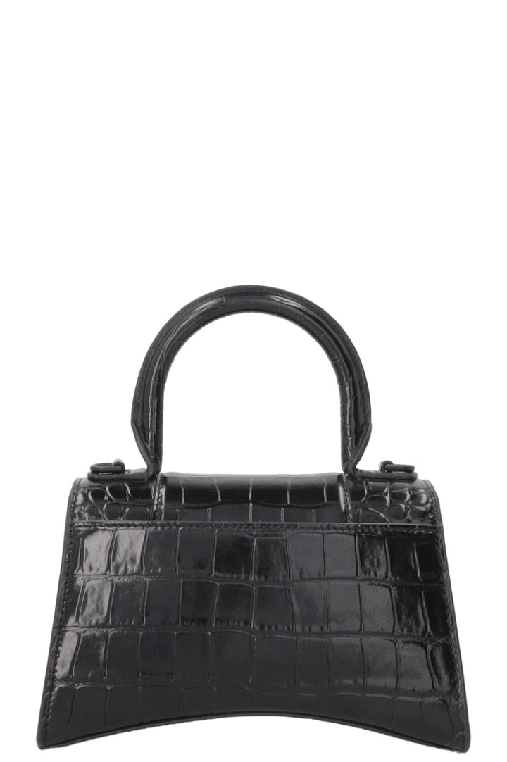 BALENCIAGA Hourglass Handbag XS Croc Embossed Leather Black