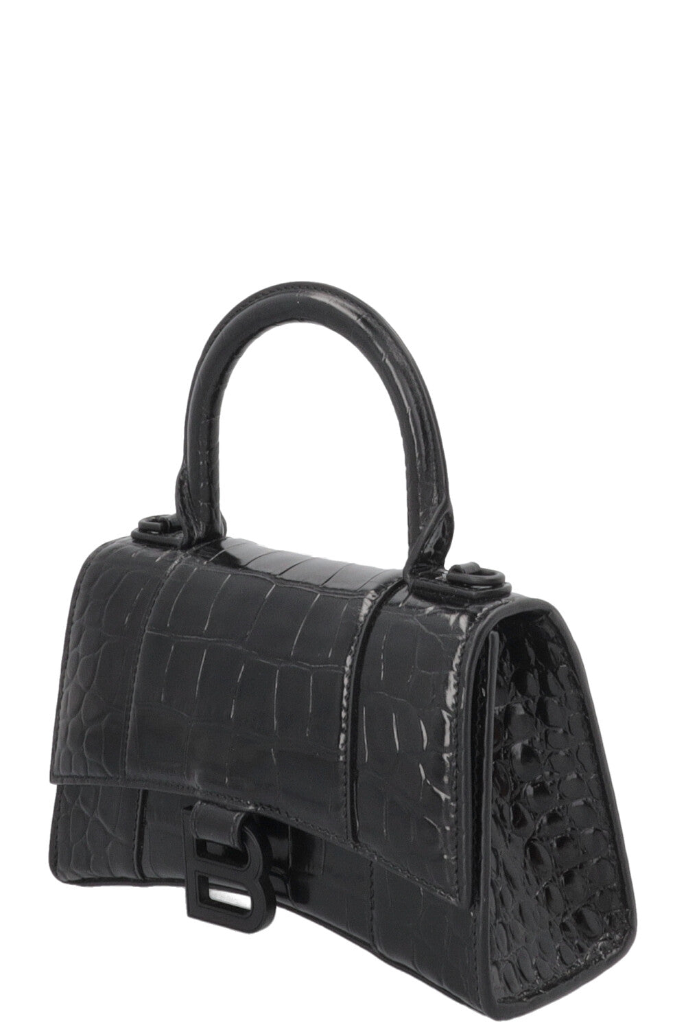 BALENCIAGA Hourglass Handbag XS Croc Embossed Leather Black
