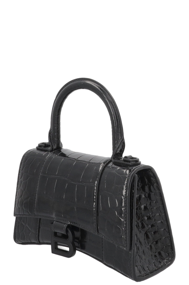 BALENCIAGA Hourglass Handbag XS Croc Embossed Leather Black