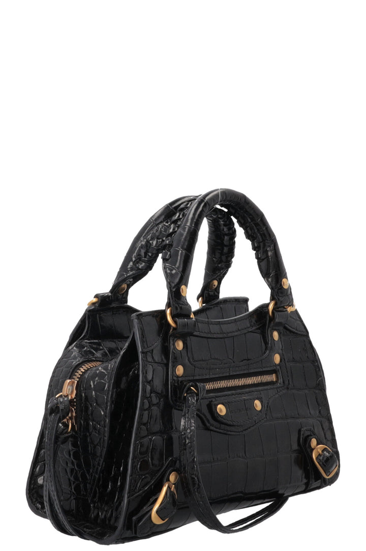 BALENCIAGA Mini Neo City Bag Croco Embossed Black