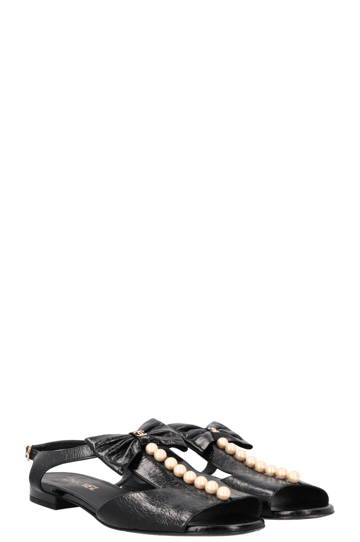 CHANEL Pearl Embellished Bow Sandals Black Patent