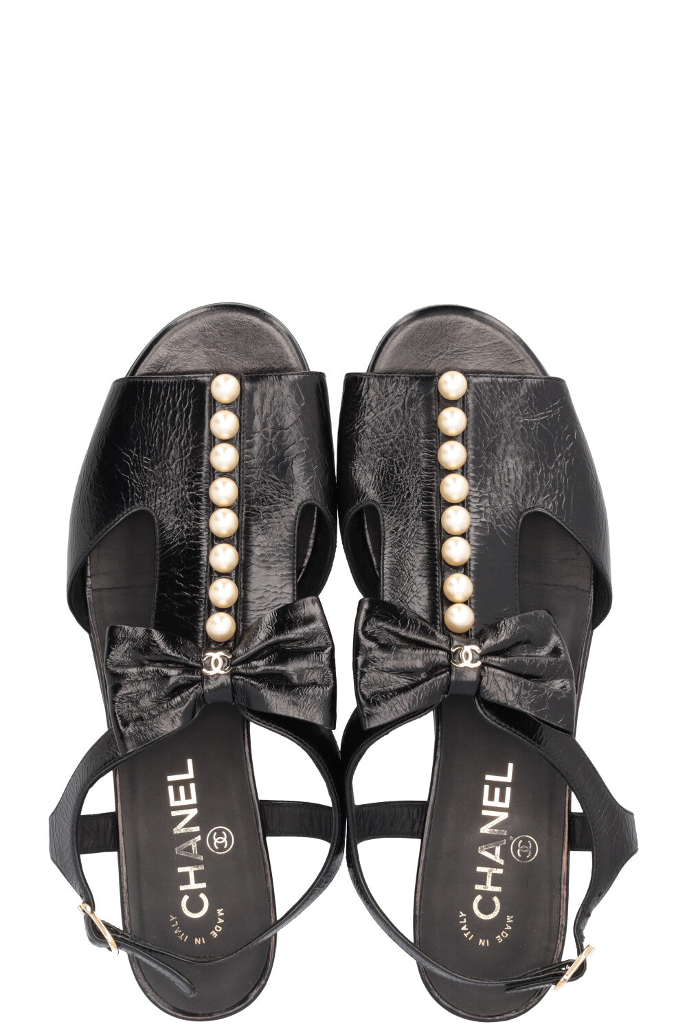CHANEL Pearl Embellished Bow Sandals Black Patent